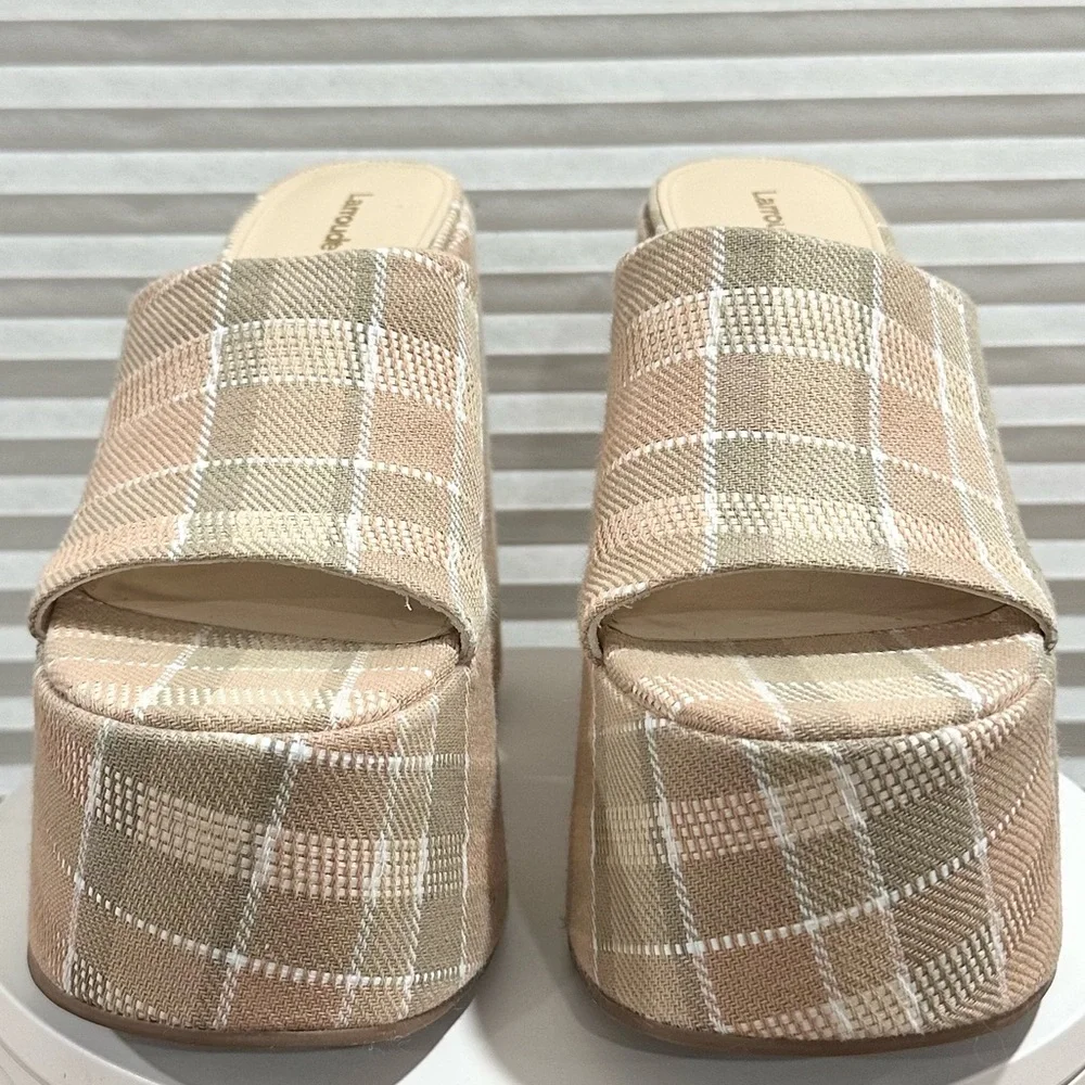 🌹LARROUDE🌹 Wanda Platform Mule In Neutral Plaid Raffia Size: 11